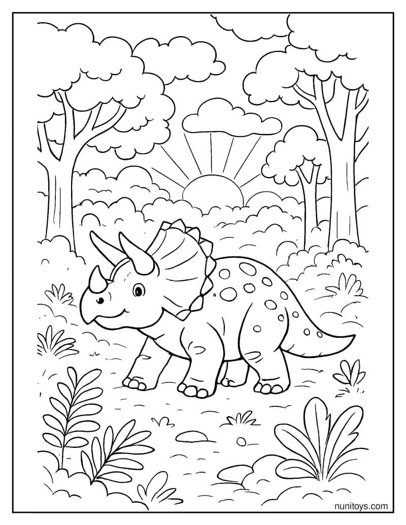 Triceratops in a Sunrise Fog: A Coloring Page