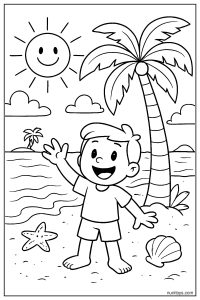 Tropical Beach with Sun Coloring Page