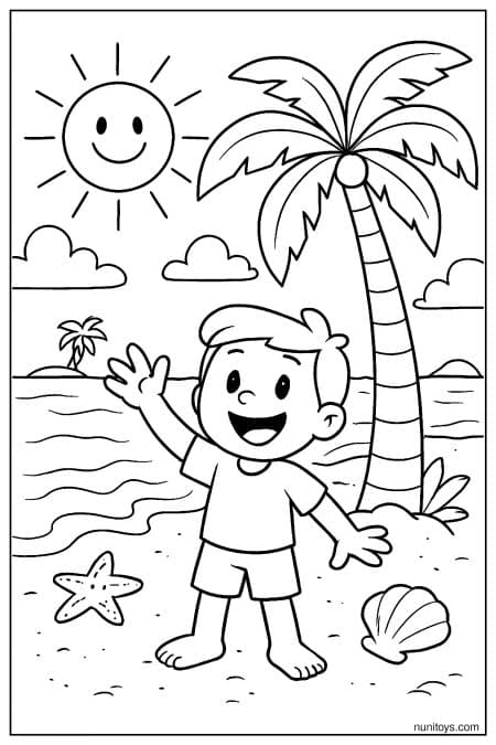 Tropical Beach with Sun Coloring Page