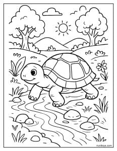 דף צביעה של צב חמוד חוצה נחל קטן בטבע