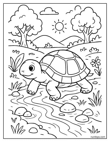 דף צביעה של צב חמוד חוצה נחל קטן בטבע