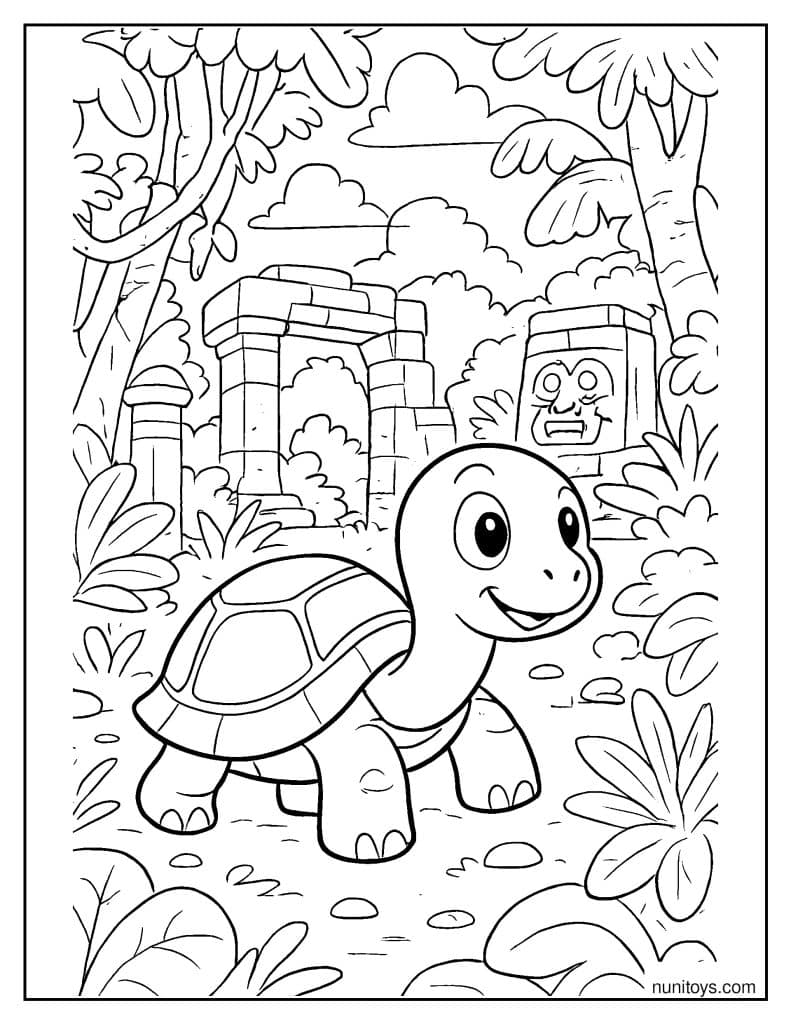 דף צביעה של צב חמוד מגלה חורבות עתיקות בג׳ונגל