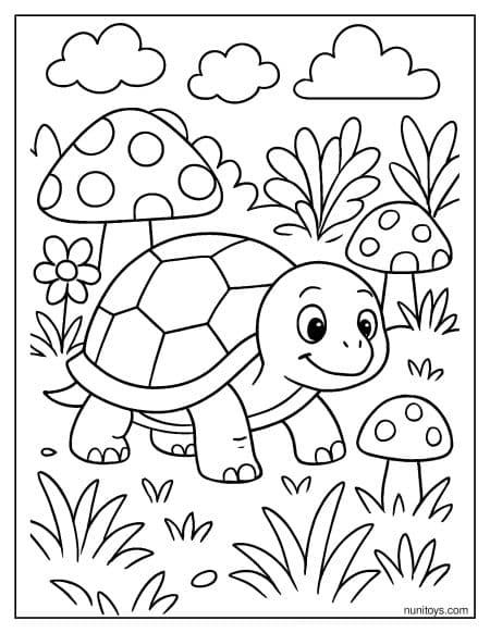 דף צביעה של צב מטייל בין פטריות בגינה