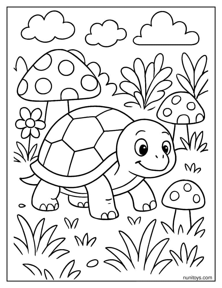 Coloriage d’une tortue souriante parmi de grands champignons