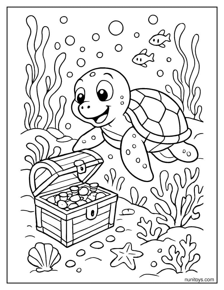 Coloriage d’une tortue marine découvrant un coffre au trésor
