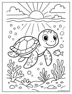 דף צביעה של צב ים שוחה ליד פני המים עם שמש זורחת