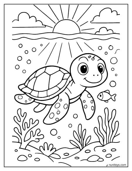 דף צביעה של צב ים שוחה ליד פני המים עם שמש זורחת