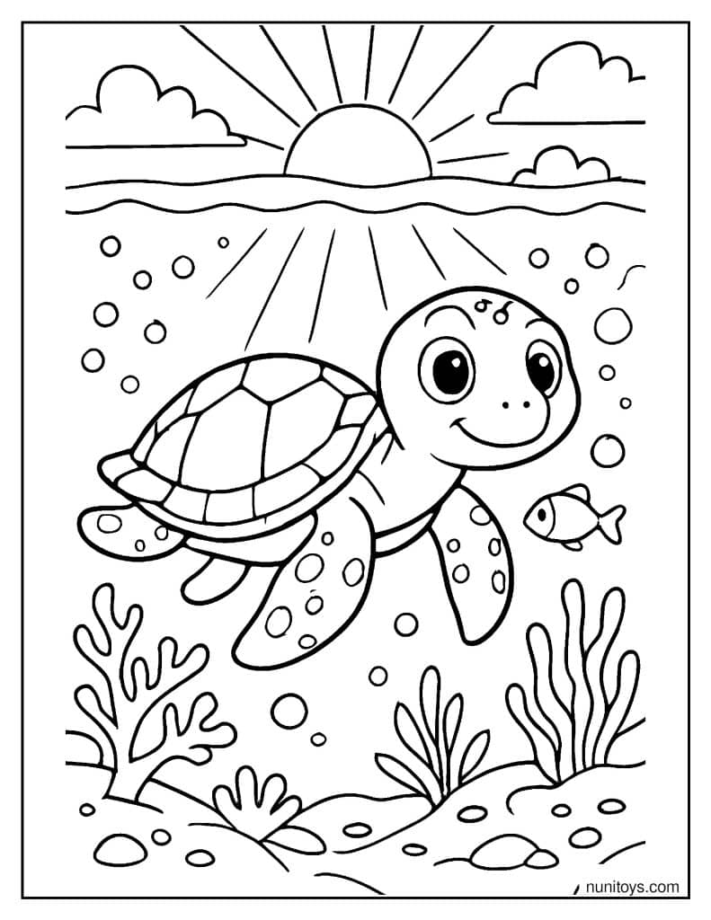 דף צביעה של צב ים שוחה ליד פני המים עם שמש זורחת