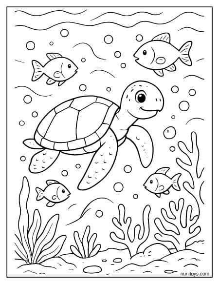 דף צביעה של צב ים שוחה עם דגים באוקיינוס