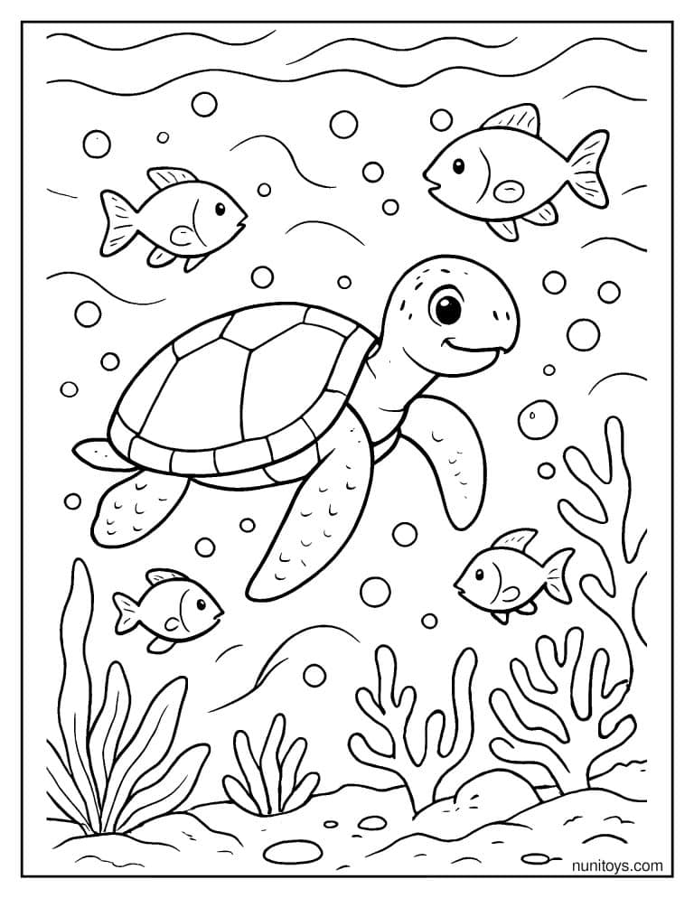 Coloriage d’une tortue de mer entourée de poissons