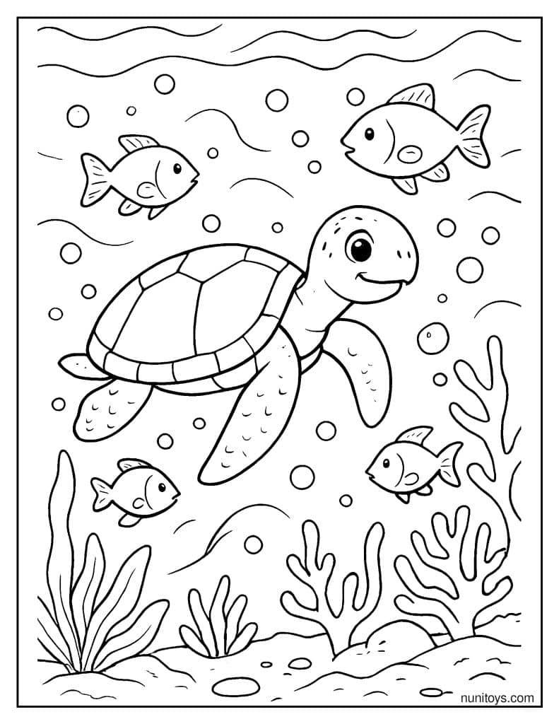 דף צביעה של צב ים שוחה עם דגים באוקיינוס