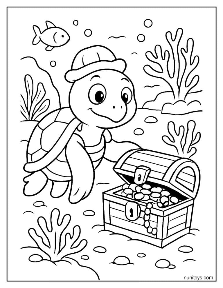 Coloriage d’une tortue exploratrice découvrant un coffre au trésor