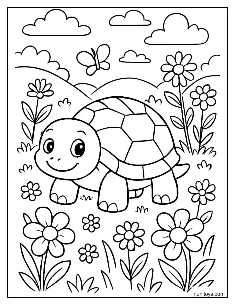 Coloriage d’une tortue au milieu des fleurs et papillon