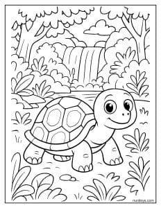 דף צביעה של צב ליד מפל מים ביער ירוק