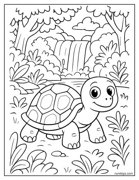 דף צביעה של צב ליד מפל מים ביער ירוק