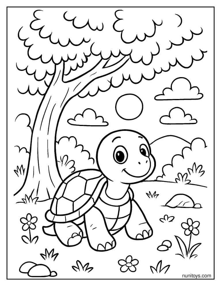 Coloriage d’une tortue souriante sous un grand arbre