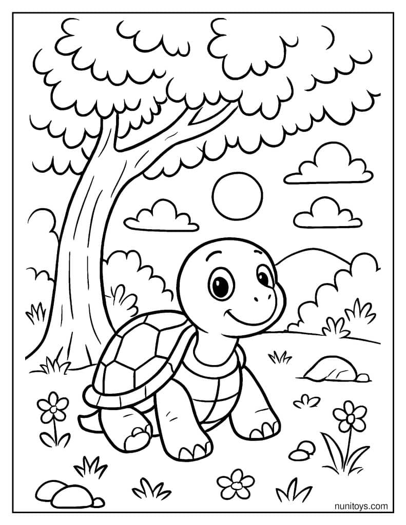 דף צביעה של צב יושב מתחת לעץ בטבע