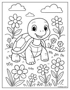 דף צביעה של צב חמוד בין פרחים בגינה