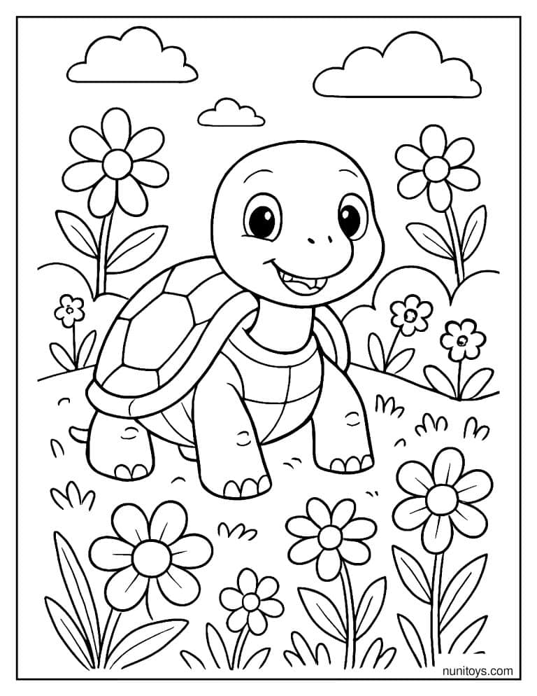 Coloriage d’une tortue souriante dans un jardin fleuri