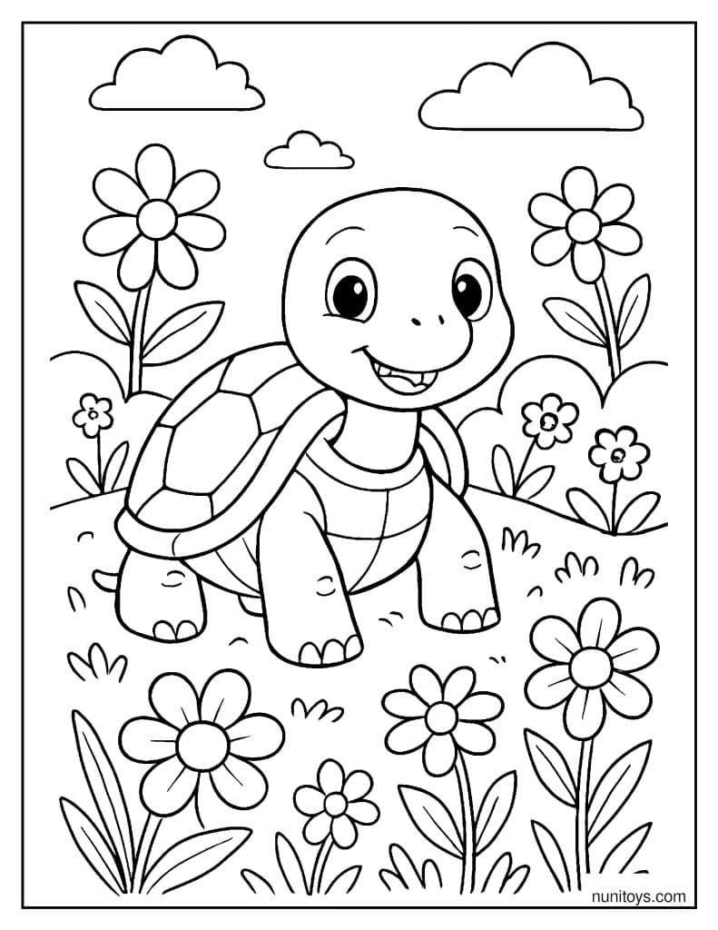 דף צביעה של צב חמוד בין פרחים בגינה