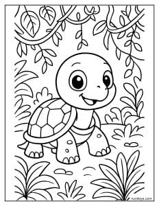 דף צביעה של צב חמוד מוקף צמחי ג׳ונגל ועלים