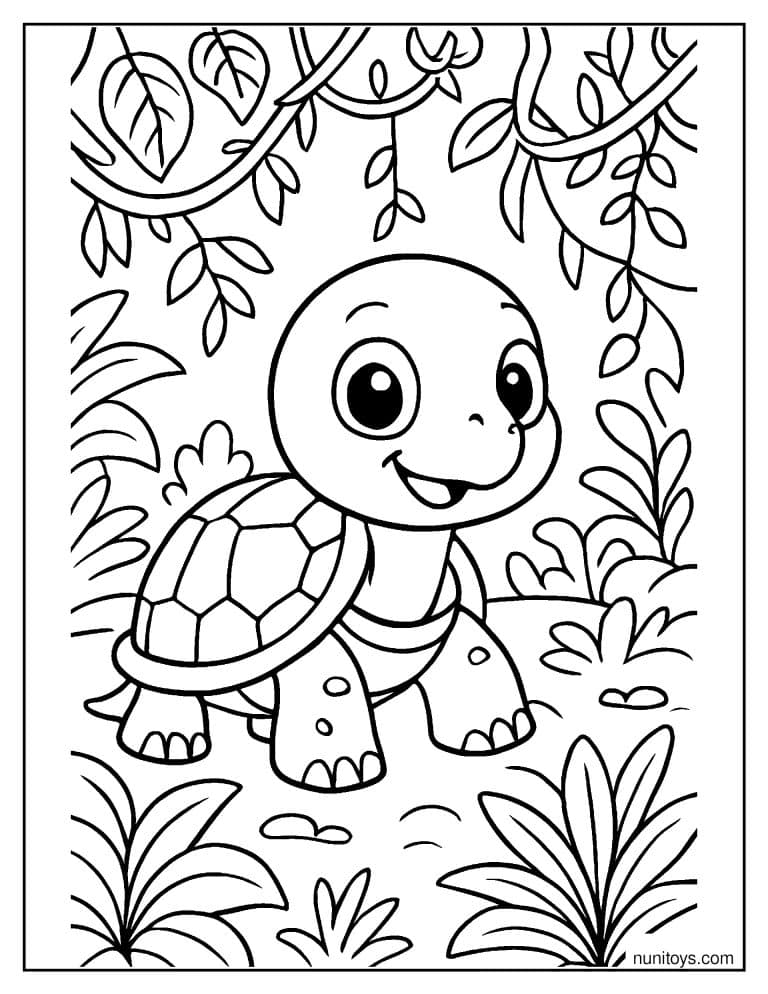 Coloriage d’une tortue souriante dans une jungle feuillue