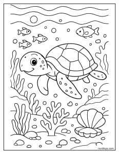 דף צביעה של צב ים שוחה בנוף עמוק באוקיינוס