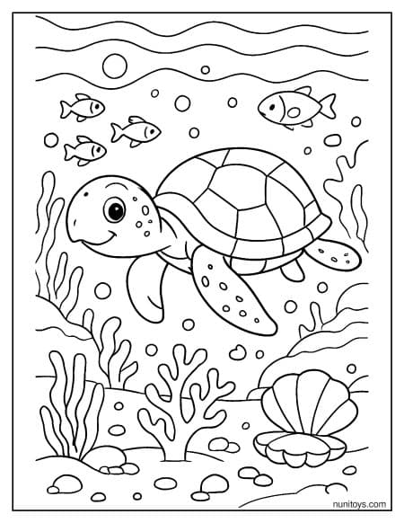 דף צביעה של צב ים שוחה בנוף עמוק באוקיינוס