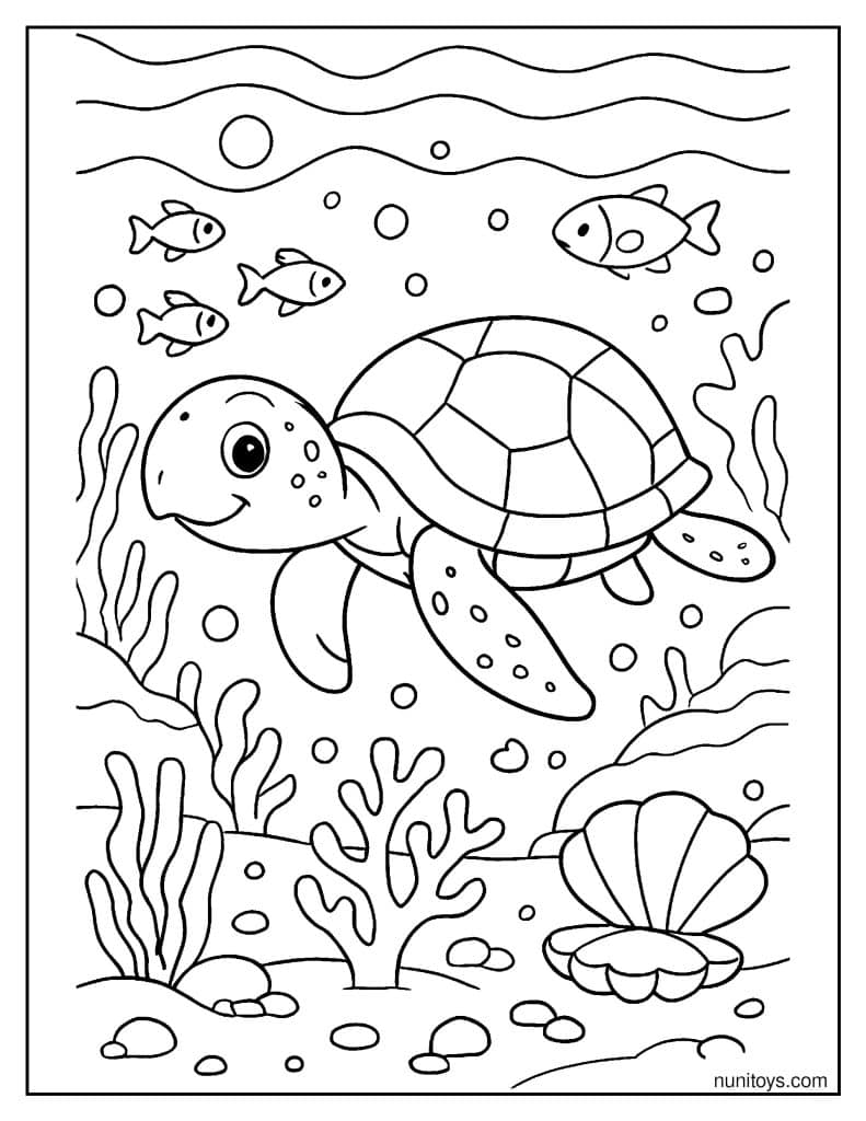 דף צביעה של צב ים שוחה בנוף עמוק באוקיינוס