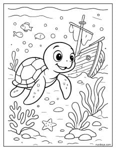 דף צביעה של צב ים שוחה ליד ספינה טרופה באוקיינוס