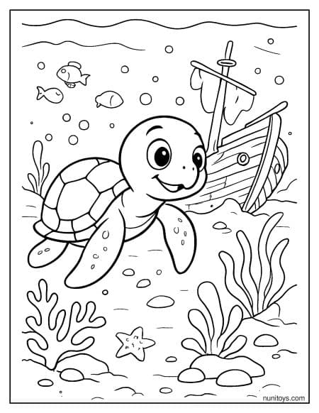 דף צביעה של צב ים שוחה ליד ספינה טרופה באוקיינוס