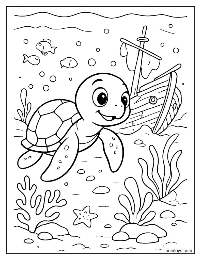 דף צביעה של צב ים שוחה ליד ספינה טרופה באוקיינוס