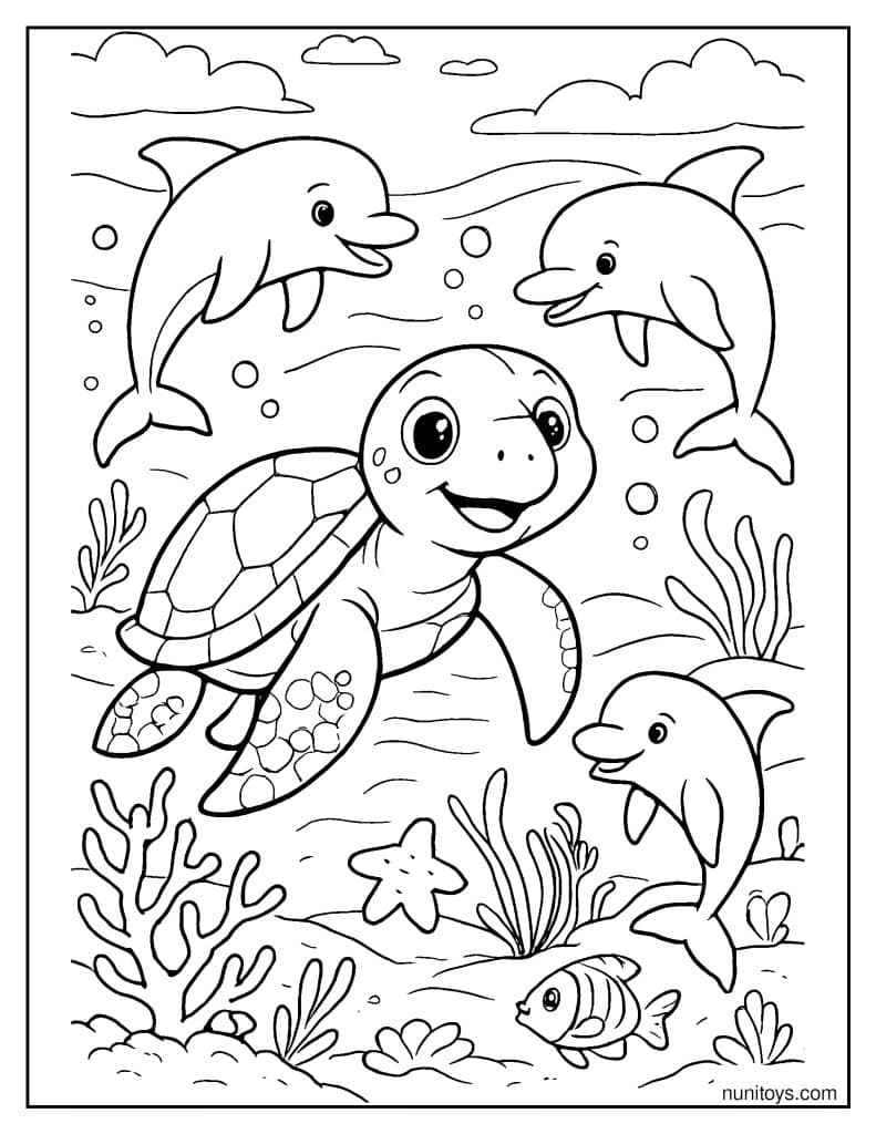 דף צביעה של צב ים שוחה עם דולפינים באוקיינוס