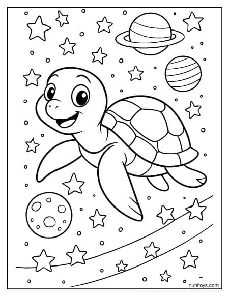 דף צביעה של צב חמוד מטייל בחלל בין כוכבים וכוכבי לכת