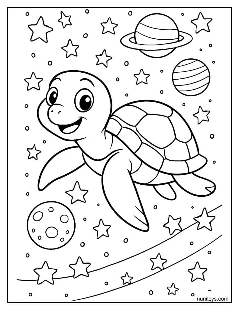 דף צביעה של צב חמוד מטייל בחלל בין כוכבים וכוכבי לכת