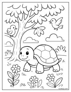 דף צביעה של צב חמוד מתחת לעץ עם ציפורים ופרחים