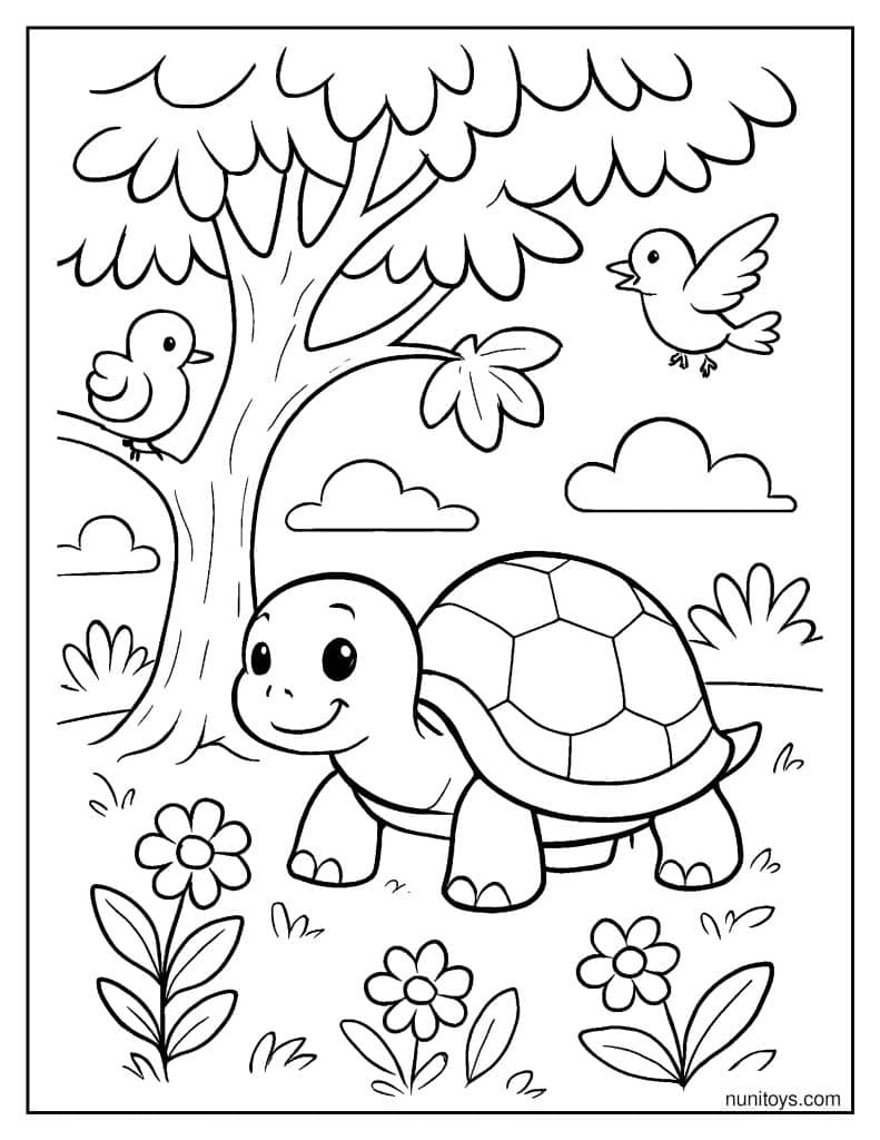 דף צביעה של צב חמוד מתחת לעץ עם ציפורים ופרחים