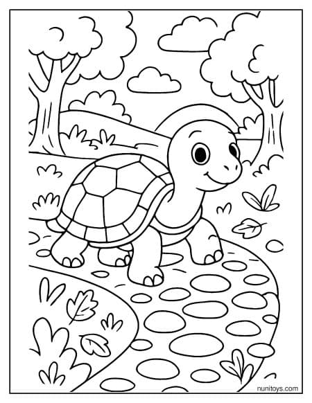 דף צביעה של צב הולך בשביל אבנים בטבע