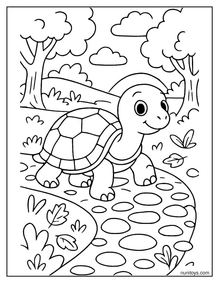 Coloriage d’une tortue marchant sur un chemin de galets