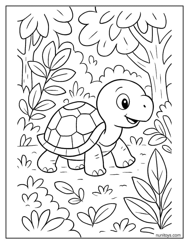 דף צביעה של צב חמוד הולך ביער בין עצים וצמחים