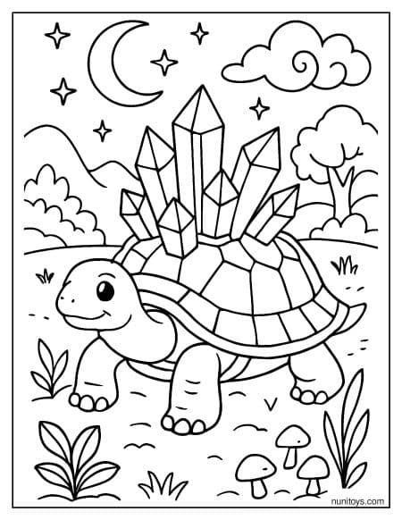 דף צביעה של צב קסום עם שריון קריסטלים בנוף מסתורי