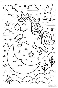 Unicorn Jumping Over a Shining Moon Coloring Page