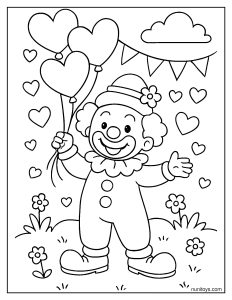 Clown holding heart balloons for Valentine’s Day in a cheerful garden coloring page