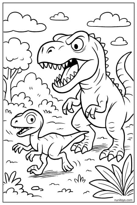 Velociraptor and Baby Dino Walking Outdoors Coloring Page