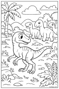 Velociraptor Cautiously Approaching a Herd of Herbivorous Dinosaurs Coloring Page