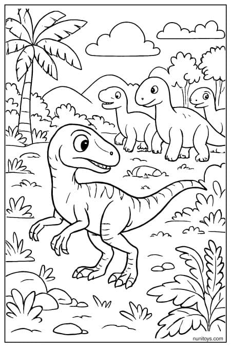 Velociraptor coloring page with baby dinosaurs in grassy field