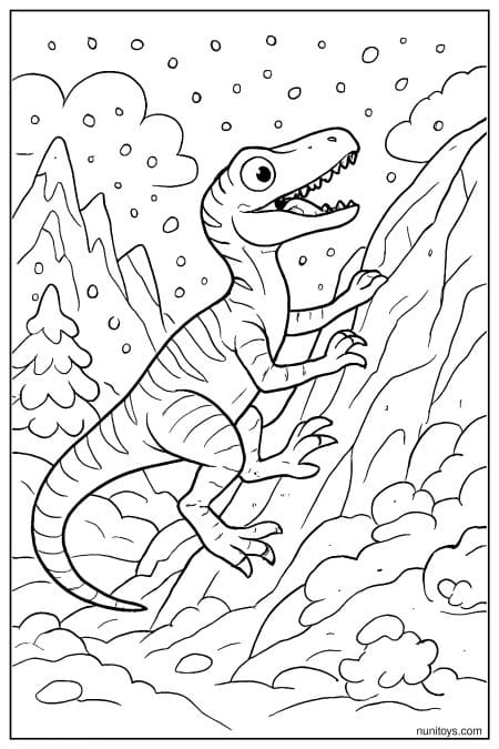 Velociraptor coloring page climbing snowy mountain slope
