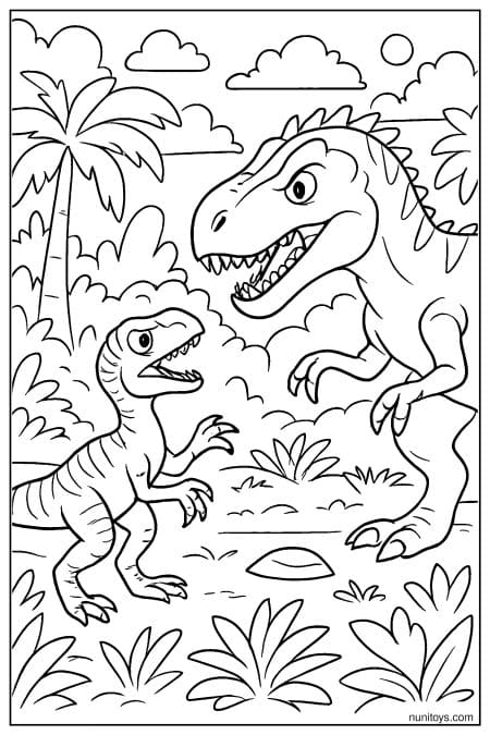 Velociraptor coloring page facing larger dinosaur in jungle scene