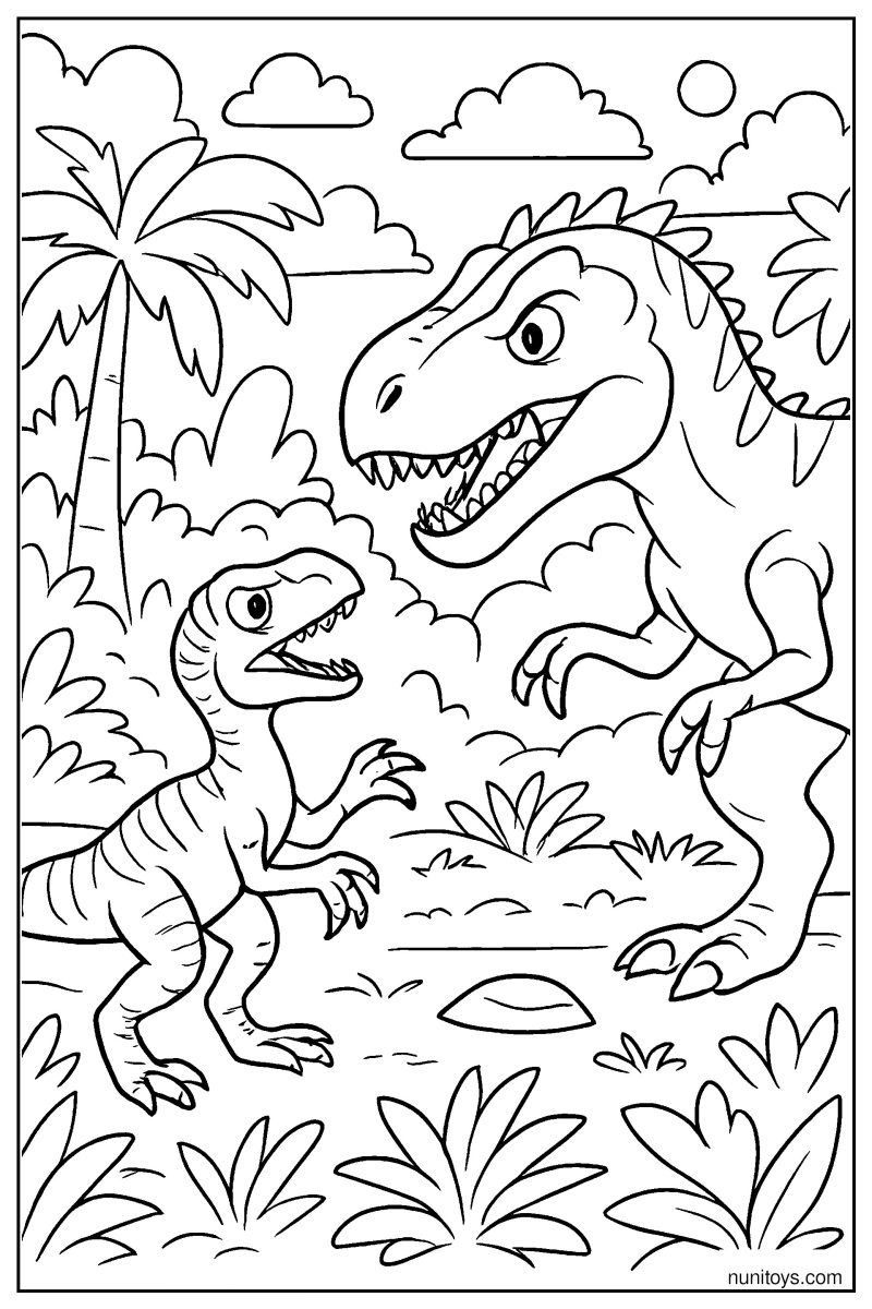 Velociraptor in a Tense Standoff with a Larger Predator Coloring Page