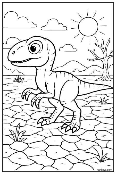 Sunny Velociraptor coloring sheet on cracked rocky ground